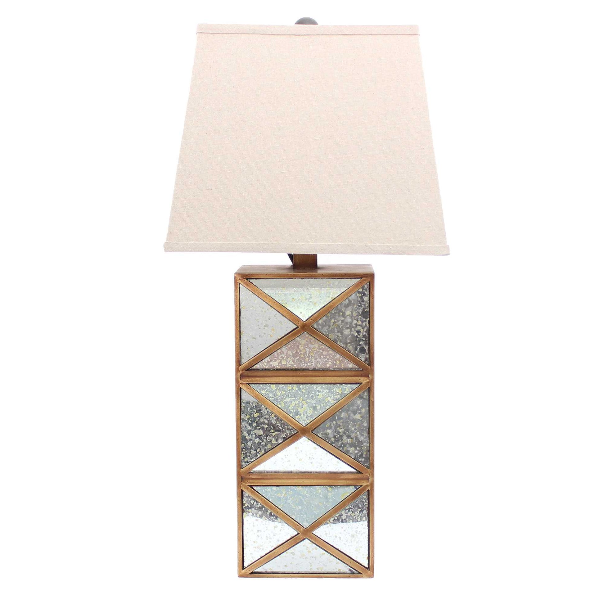 28" Distressed Gold And Silver Metal Bedside Lamp With Beige Shade-Table Lamps-DECOROLALA