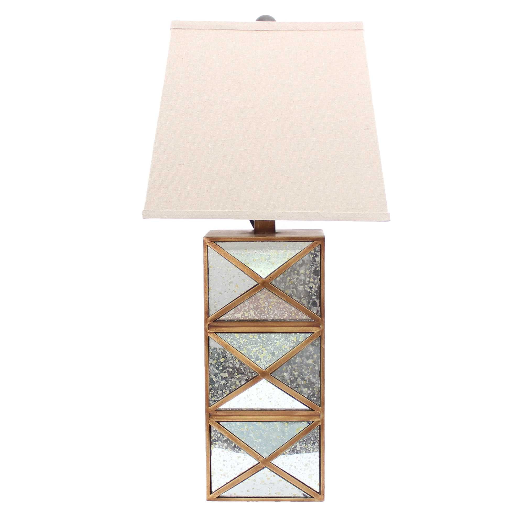 28" Distressed Gold And Silver Metal Bedside Lamp With Beige Shade-Table Lamps-DECOROLALA