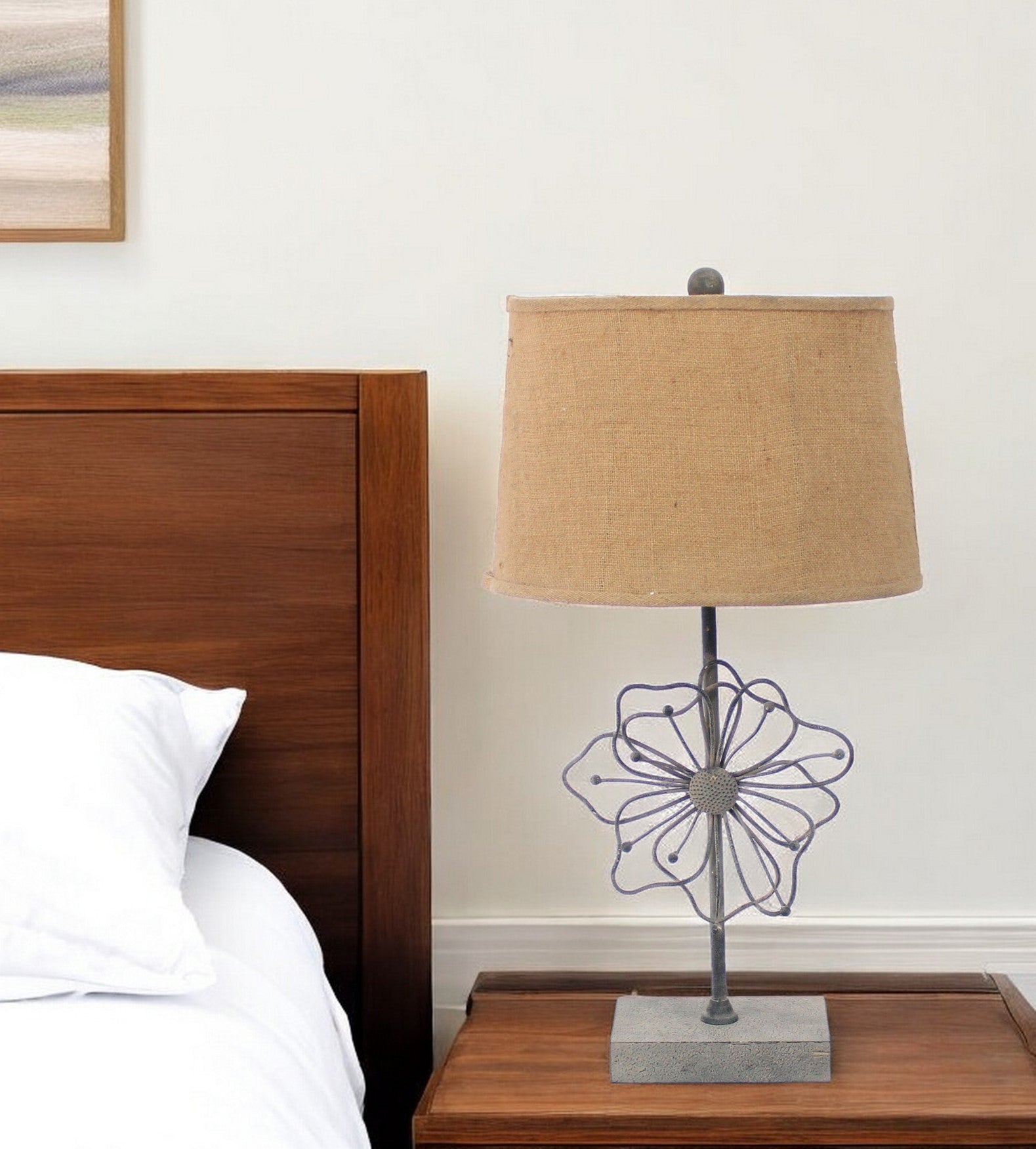 28" Distressed Gray Metal Novelty Bedside Lamp With Khaki Drum Shade-Table Lamps-DECOROLALA