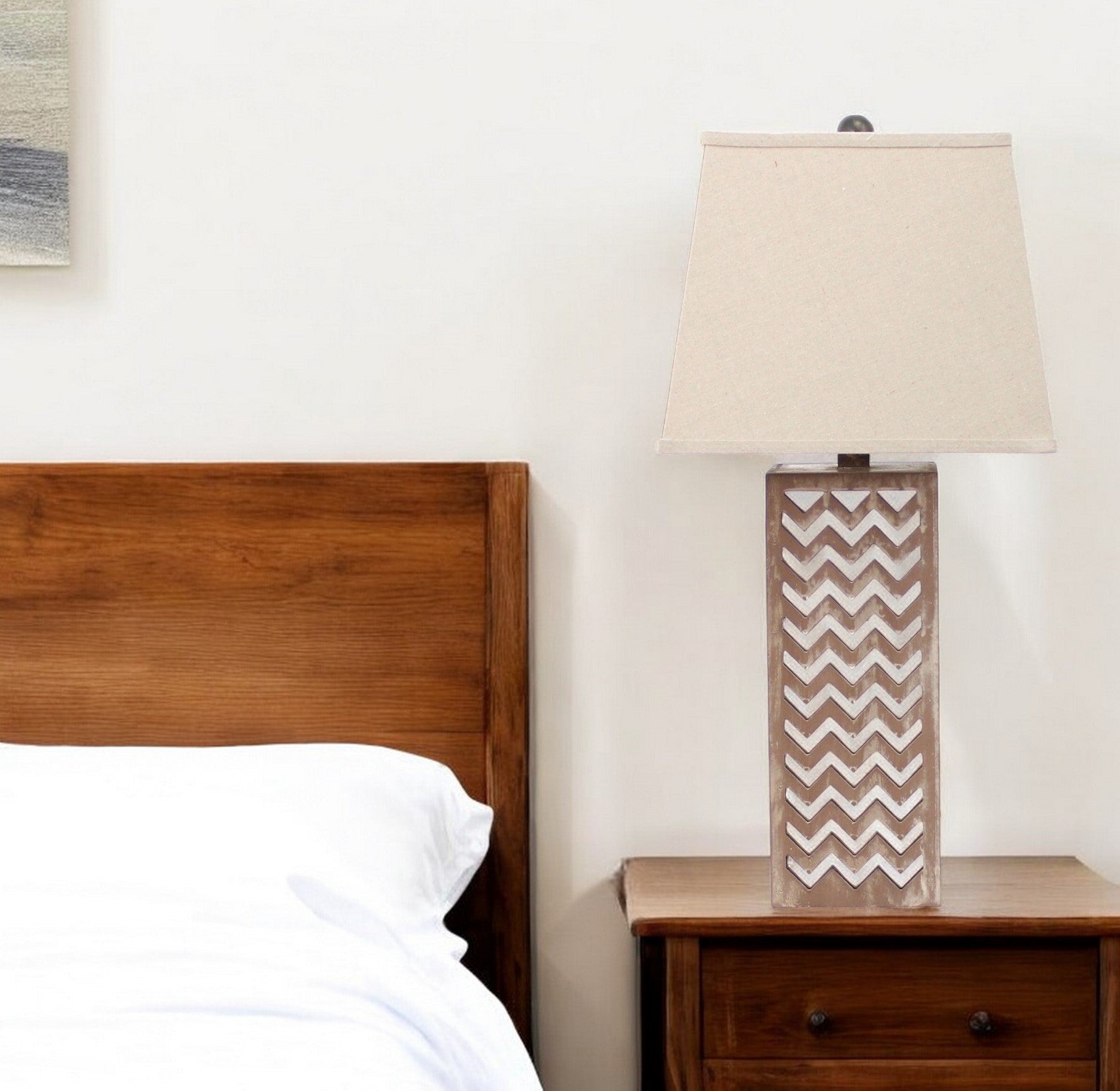 28" Distressed Natural And Silver Metal Bedside Lamp With Beige Cone Shade-Table Lamps-DECOROLALA