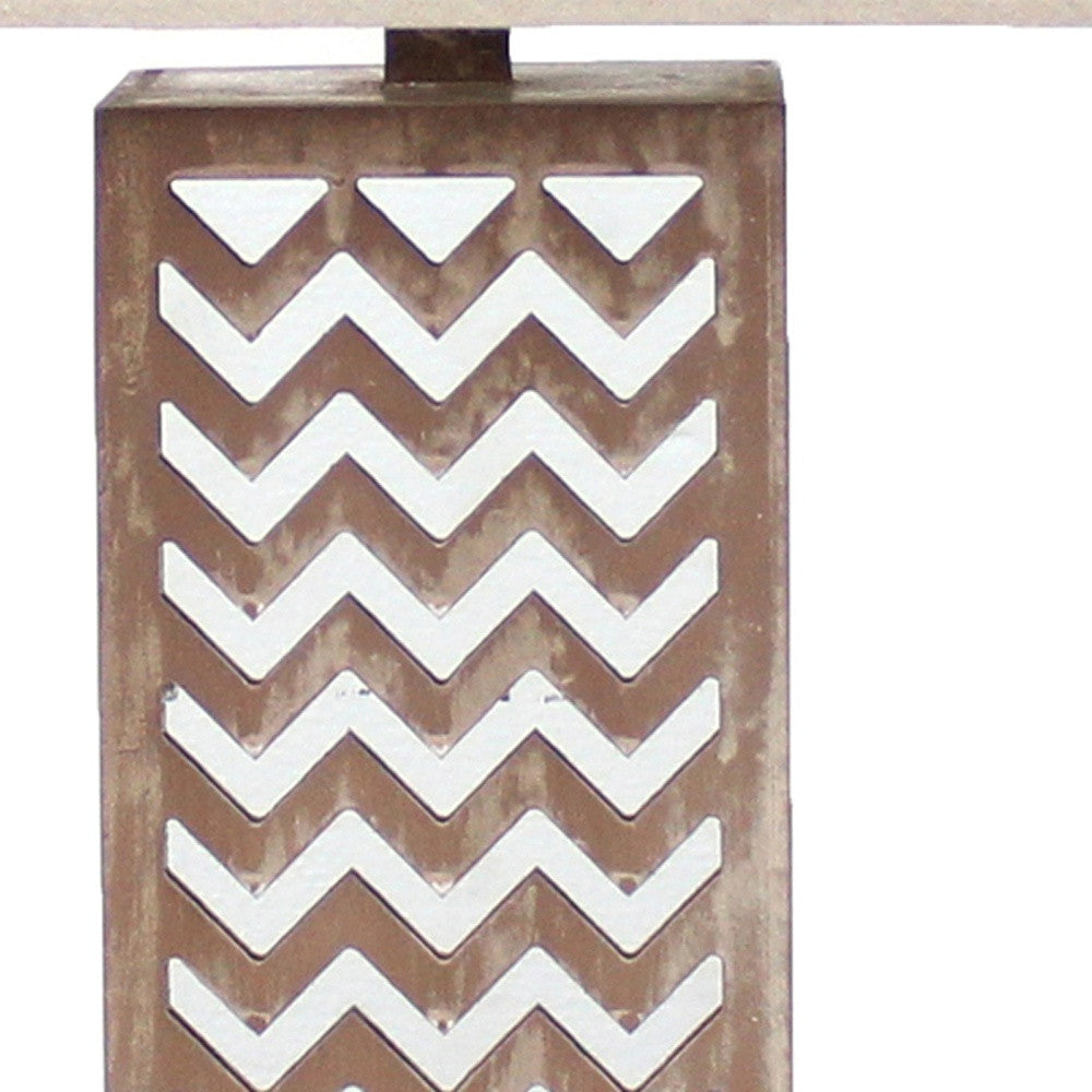 28" Distressed Natural And Silver Metal Bedside Lamp With Beige Cone Shade-Table Lamps-DECOROLALA