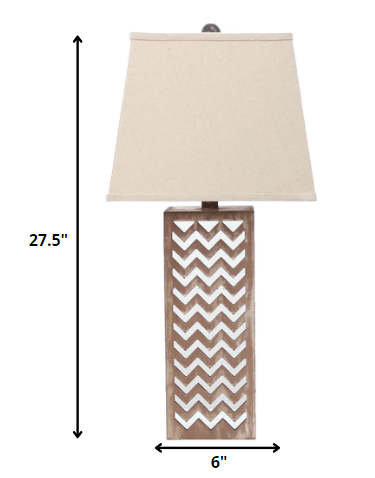 28" Distressed Natural And Silver Metal Bedside Lamp With Beige Cone Shade-Table Lamps-DECOROLALA