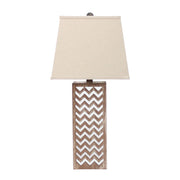 28" Distressed Natural And Silver Metal Bedside Lamp With Beige Cone Shade-Table Lamps-DECOROLALA