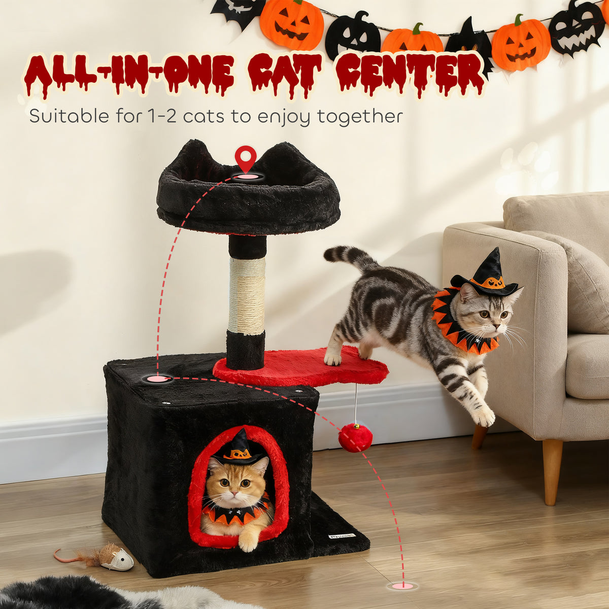 28" Gothic Cat Tree Tower with Condo and Sisal Post - Red & Black-Cats-DECOROLALA