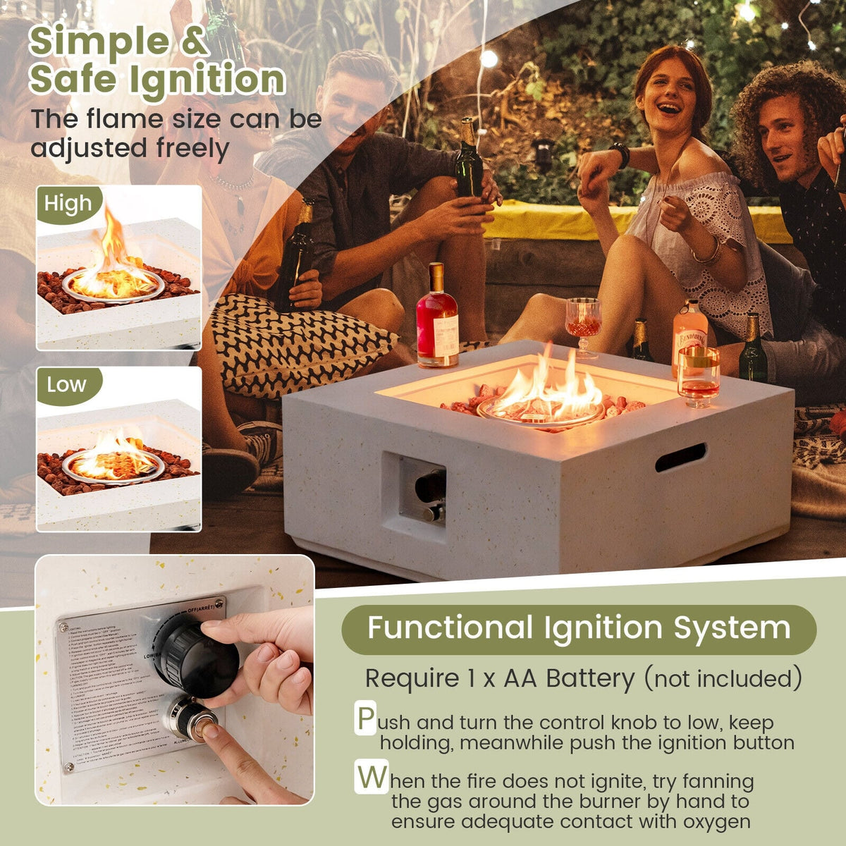 28 Inch 40000 BTU Square Propane Gas Fire Pit with PVC Cover-White-Fire Pit Tables-DECOROLALA