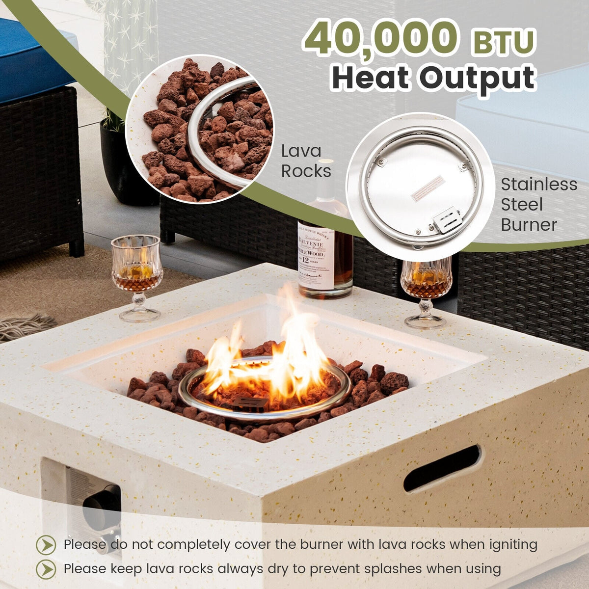 28 Inch 40000 BTU Square Propane Gas Fire Pit with PVC Cover-White-Fire Pit Tables-DECOROLALA