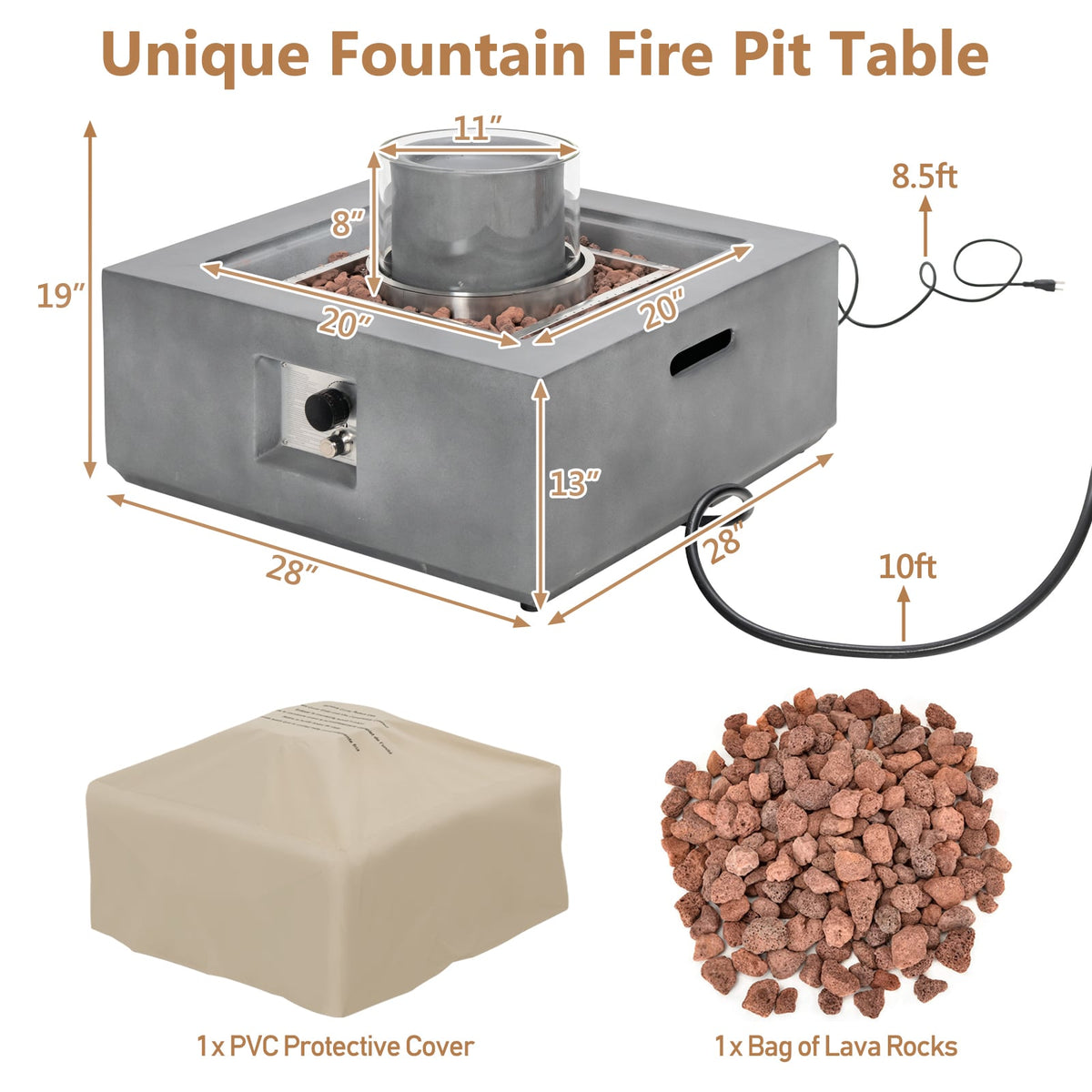 28 Inch 50000 BTU Patio Square Propane Fire Pit with PVC Cover-Gray-Fire Pit Tables-DECOROLALA