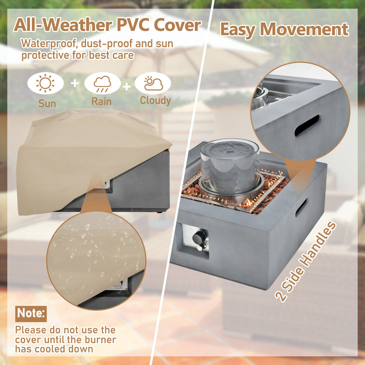 28 Inch 50000 BTU Patio Square Propane Fire Pit with PVC Cover-Gray-Fire Pit Tables-DECOROLALA