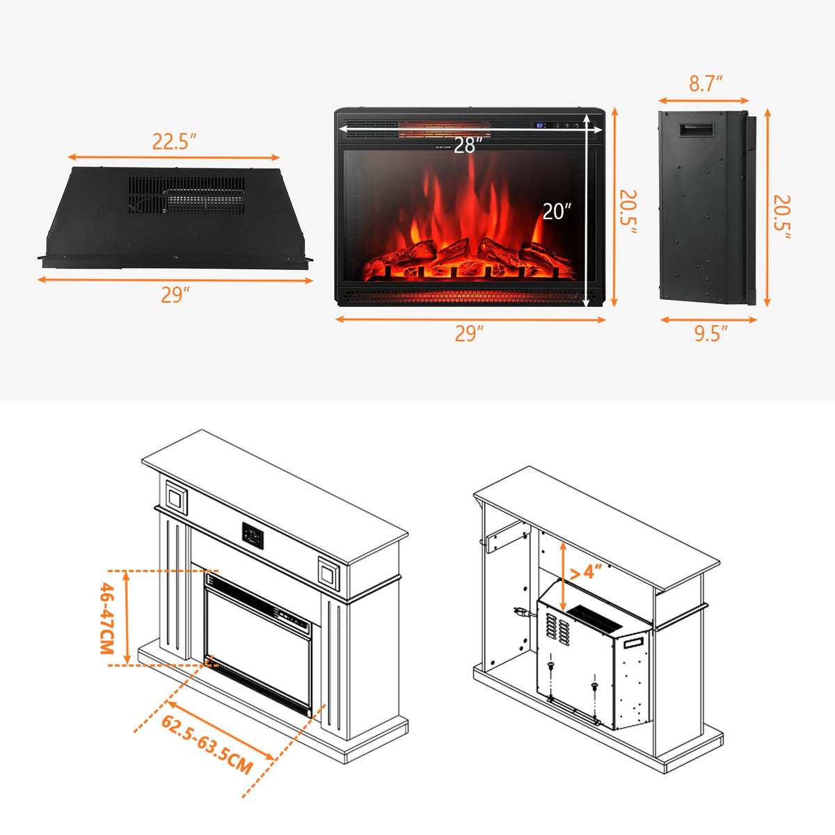 28 Inch Electric Freestanding and Recessed Fireplace with Remote-Fireplaces-DECOROLALA