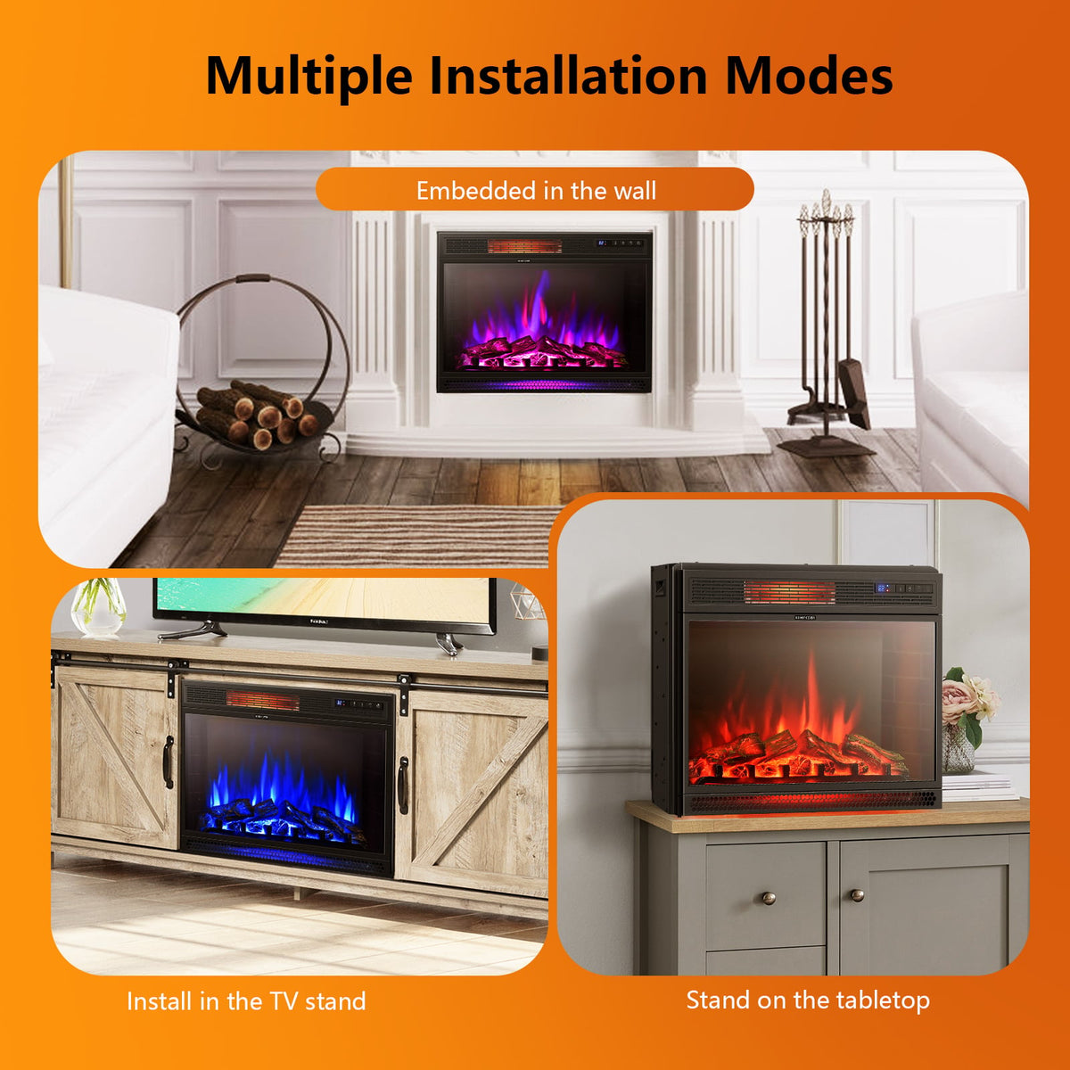 28 Inch Electric Freestanding and Recessed Fireplace with Remote-Fireplaces-DECOROLALA