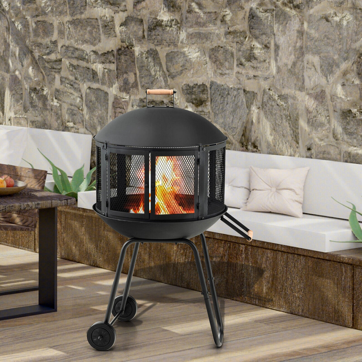 28 Inch Portable Fire Pit on Wheels with Log Grate-Black-Fire Pits-DECOROLALA