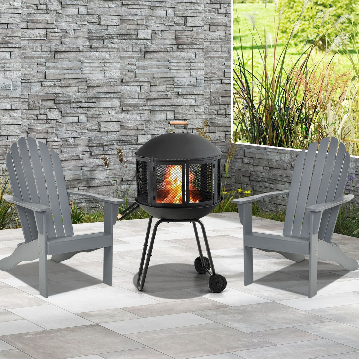 28 Inch Portable Fire Pit on Wheels with Log Grate-Black-Fire Pits-DECOROLALA