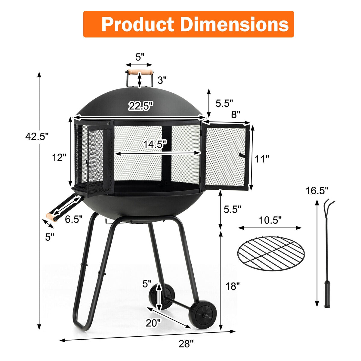 28 Inch Portable Fire Pit on Wheels with Log Grate-Black-Fire Pits-DECOROLALA