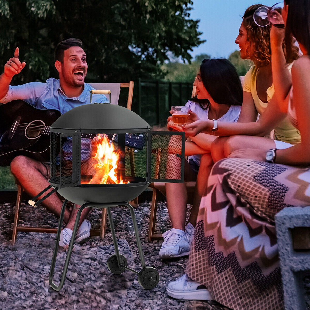 28 Inch Portable Fire Pit on Wheels with Log Grate-Black-Fire Pits-DECOROLALA