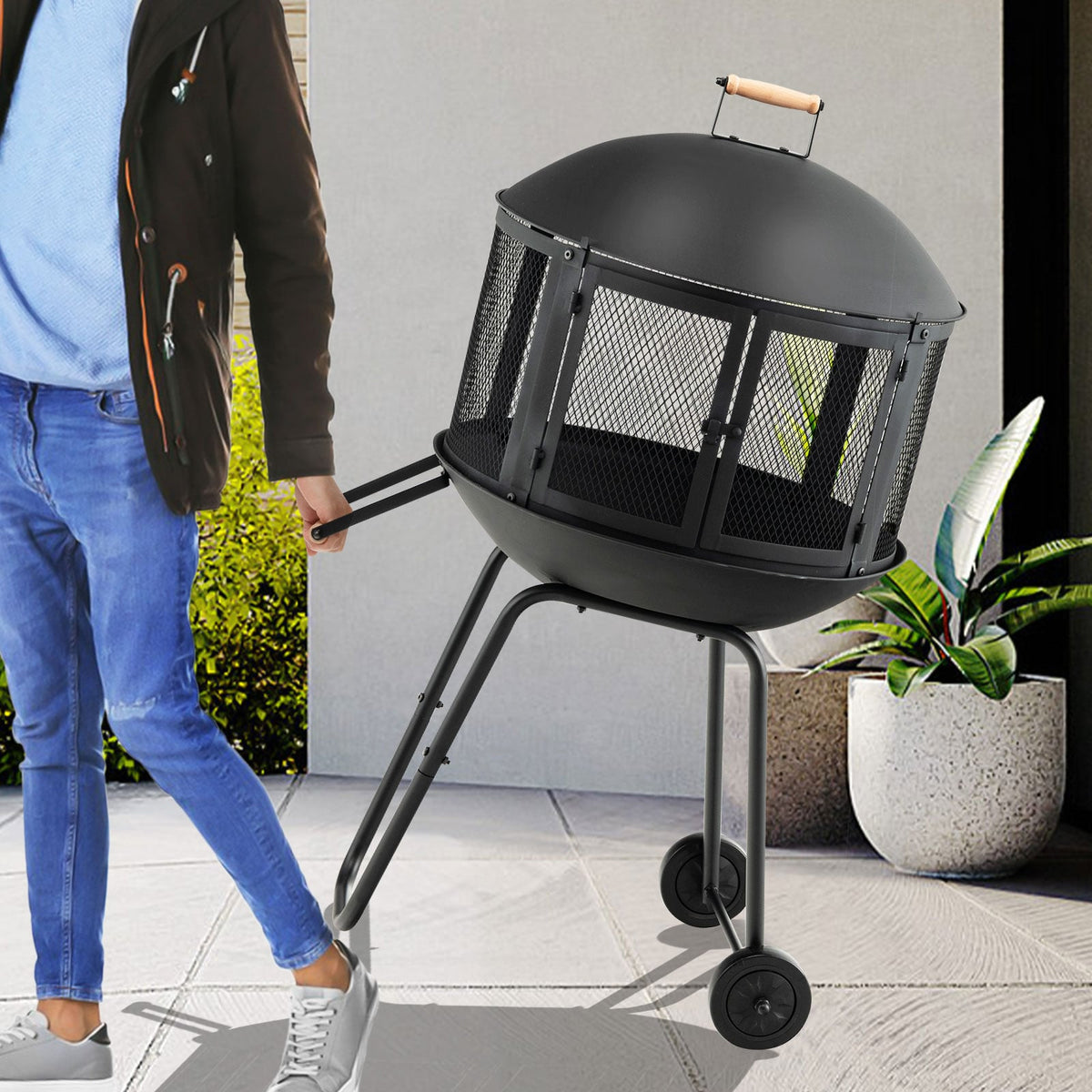28 Inch Portable Fire Pit on Wheels with Log Grate-Black-Fire Pits-DECOROLALA
