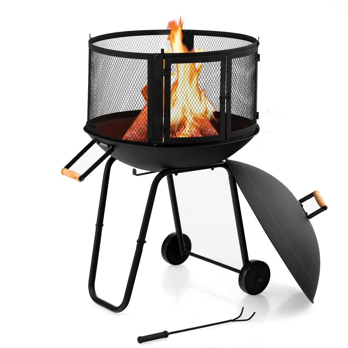 28 Inch Portable Fire Pit on Wheels with Log Grate-Black-Fire Pits-DECOROLALA