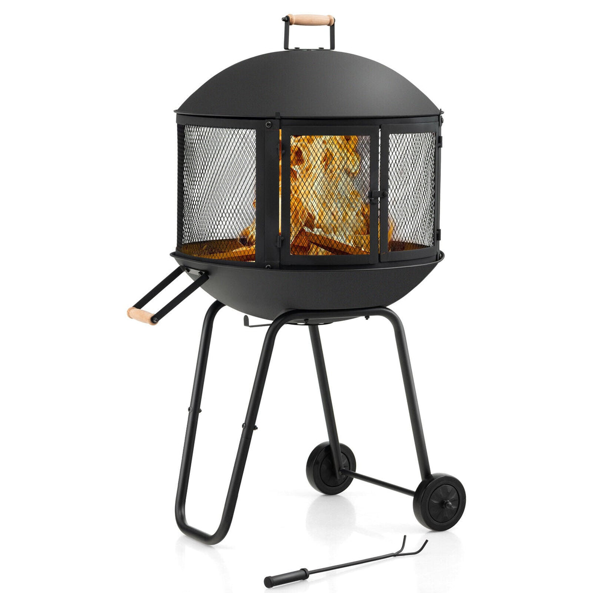 28 Inch Portable Fire Pit on Wheels with Log Grate-Black-Fire Pits-DECOROLALA