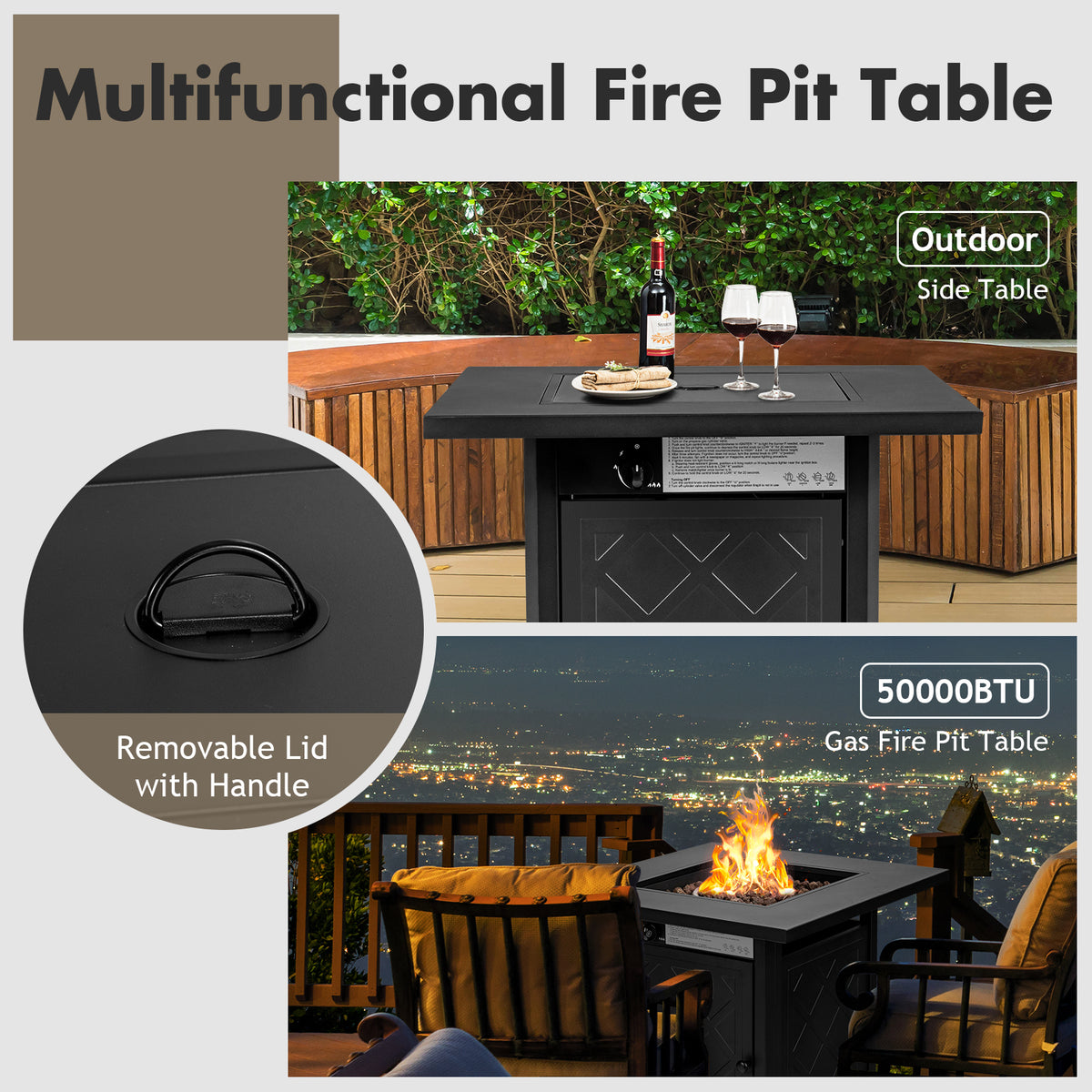 28 Inch Propane 50 000 BTU Patio Square Gas Fireplace with Lava Rock-Black-Fire Pit Tables-DECOROLALA