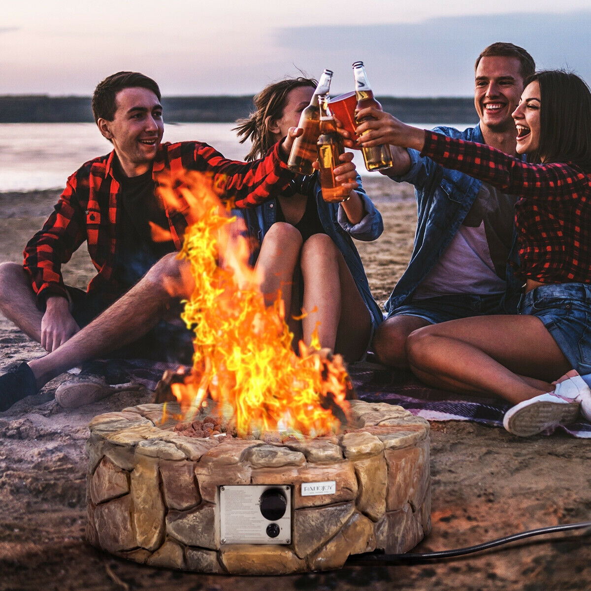 28 Inch Propane Gas Fire Pit Outdoor 40 000 BTU Stone-Brown-Fire Pit Tables-DECOROLALA