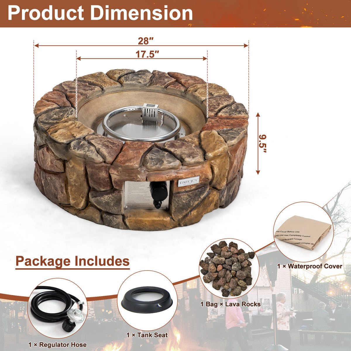 28 Inch Propane Gas Fire Pit Outdoor 40 000 BTU Stone-Brown-Fire Pit Tables-DECOROLALA