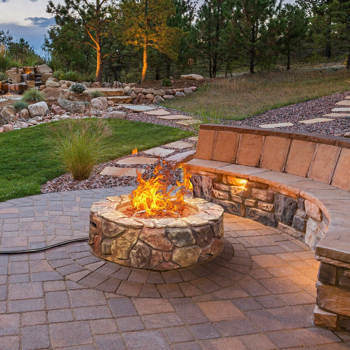 28 Inch Propane Gas Fire Pit Outdoor 40 000 BTU Stone-Brown-Fire Pit Tables-DECOROLALA