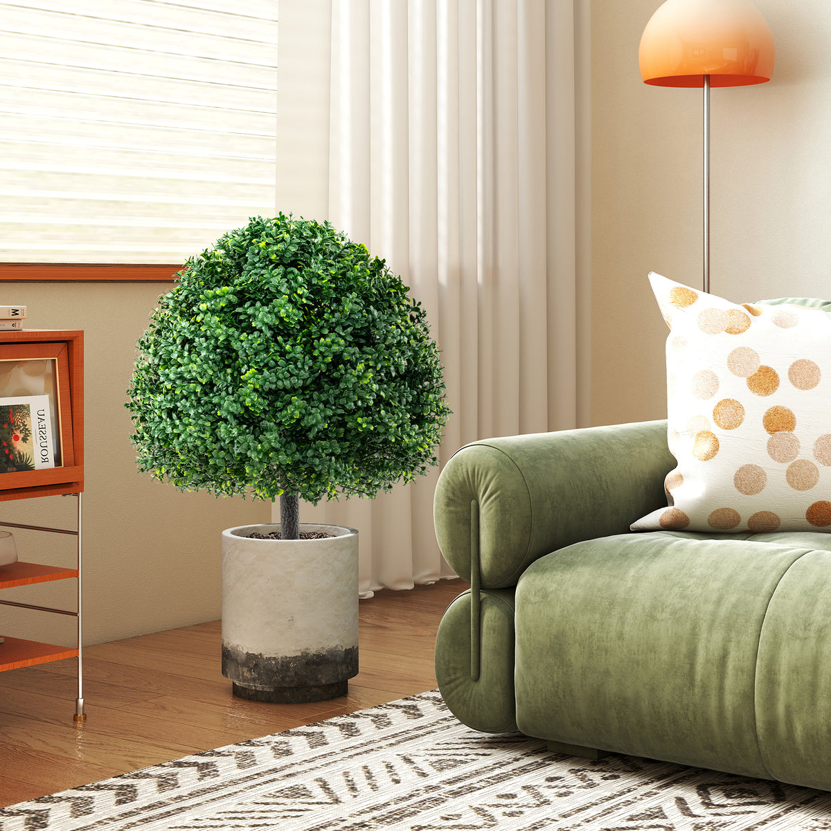28 Inches Artificial Boxwood Topiary Ball Tree Set of 2 with Ground Spike-Green-Artificial Plants-DECOROLALA