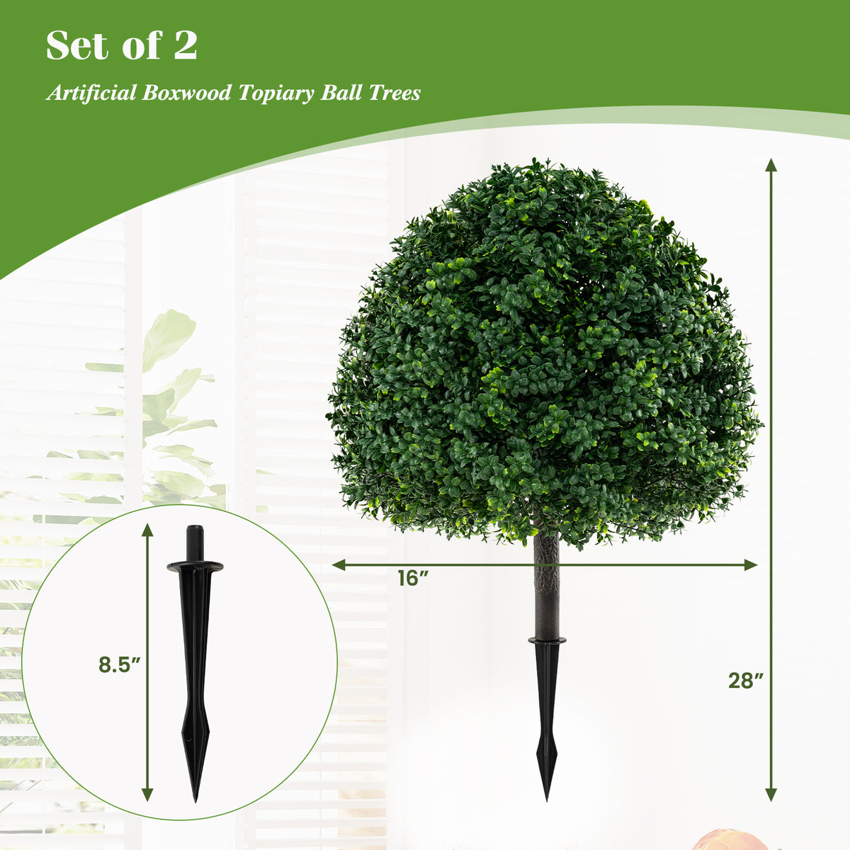 28 Inches Artificial Boxwood Topiary Ball Tree Set of 2 with Ground Spike-Green-Artificial Plants-DECOROLALA