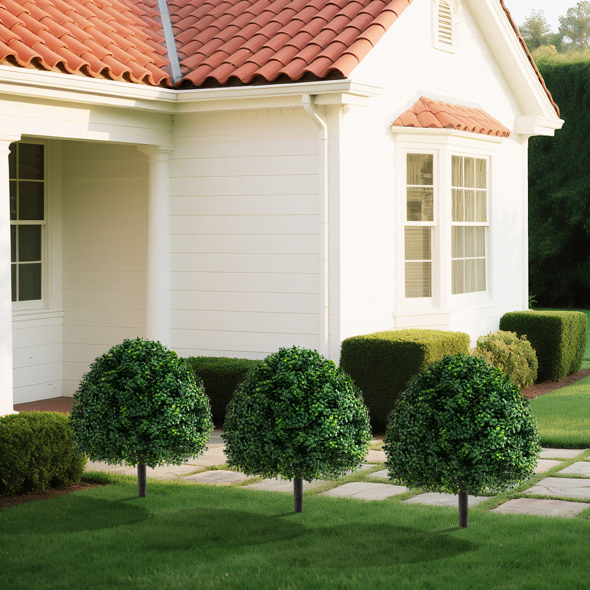 28 Inches Artificial Boxwood Topiary Ball Tree Set of 2 with Ground Spike-Green-Artificial Plants-DECOROLALA