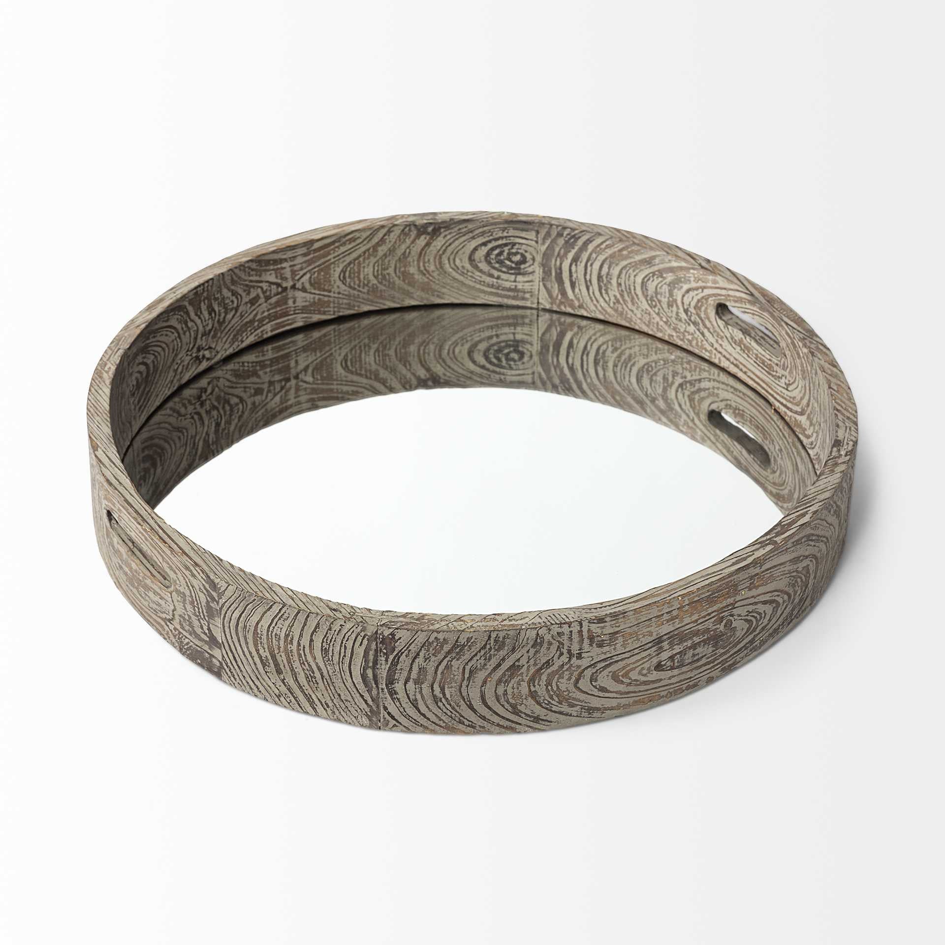 28" Natural and Brown Round Wood Indoor Outdoor Tray With Handles-Trays-DECOROLALA