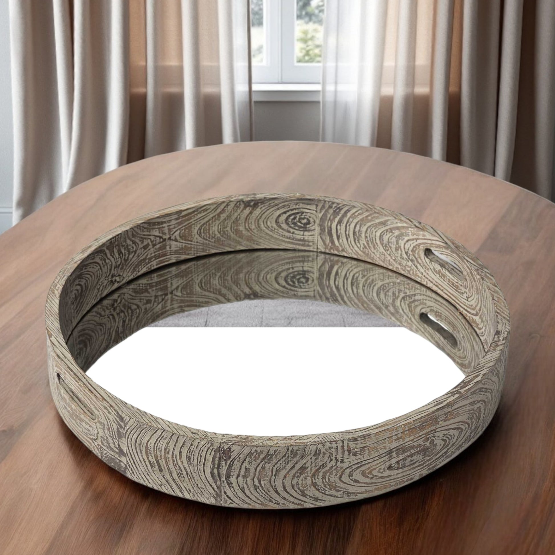 28" Natural and Brown Round Wood Indoor Outdoor Tray With Handles-Trays-DECOROLALA