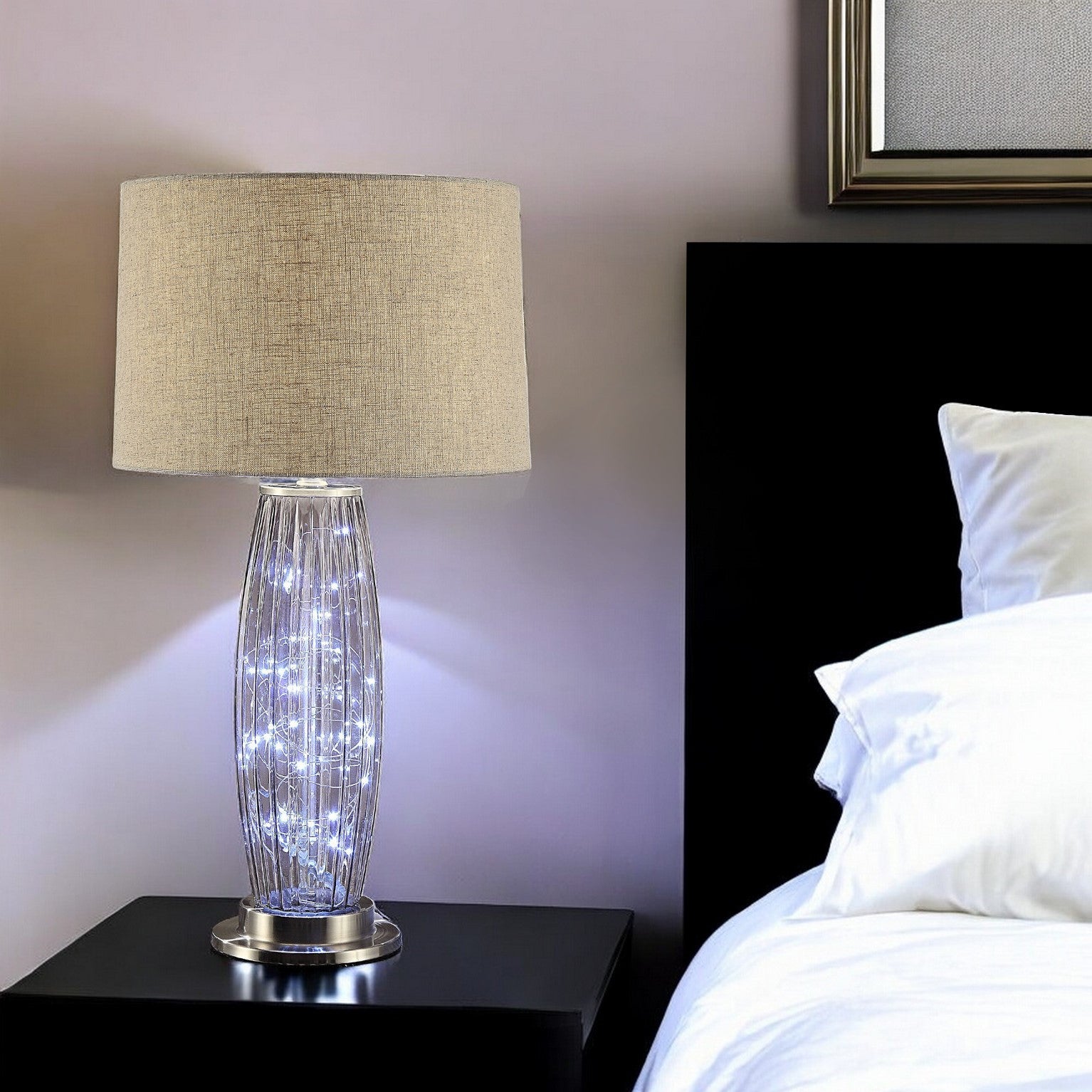 28" Nickel Metal Mason Jar Bedside LED Table Lamp With Natural Drum Shade-Table Lamps-DECOROLALA