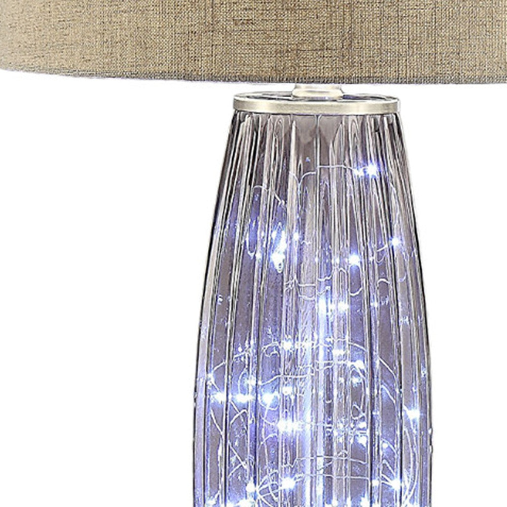 28" Nickel Metal Mason Jar Bedside LED Table Lamp With Natural Drum Shade-Table Lamps-DECOROLALA