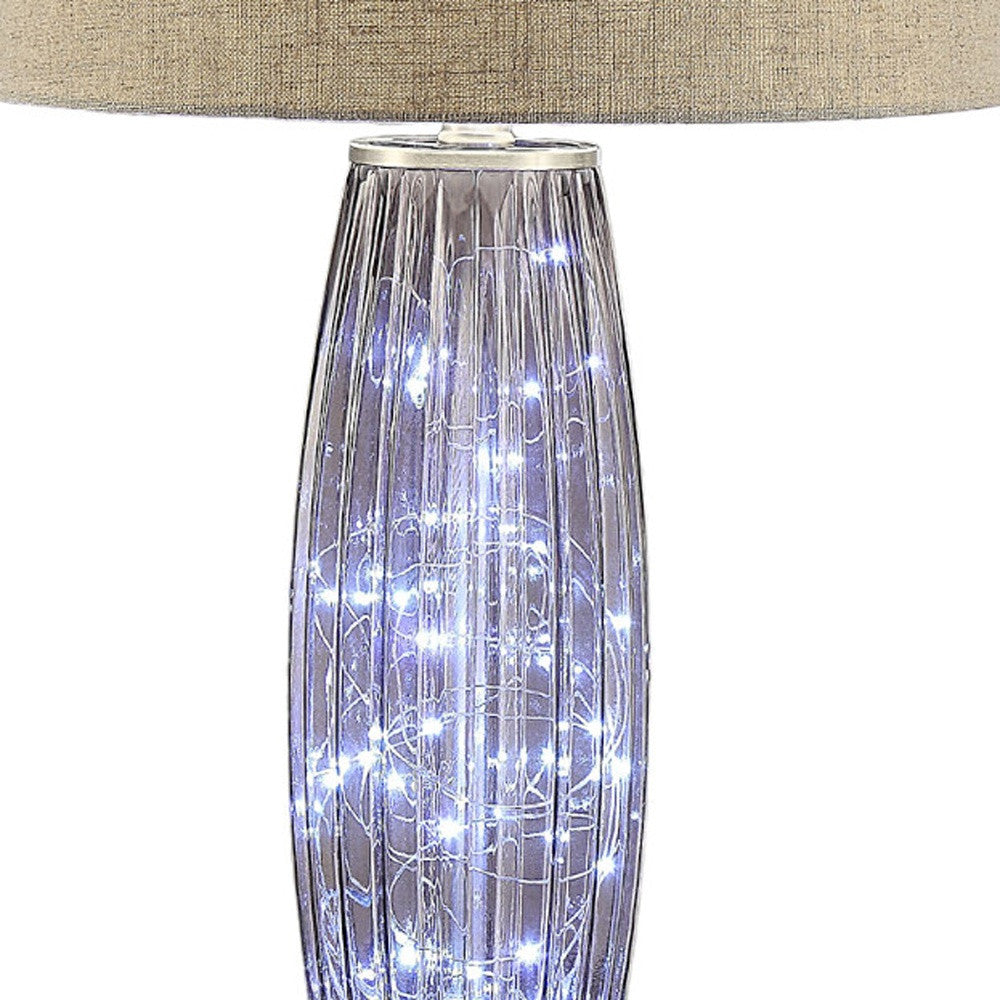 28" Nickel Metal Mason Jar Bedside LED Table Lamp With Natural Drum Shade-Table Lamps-DECOROLALA