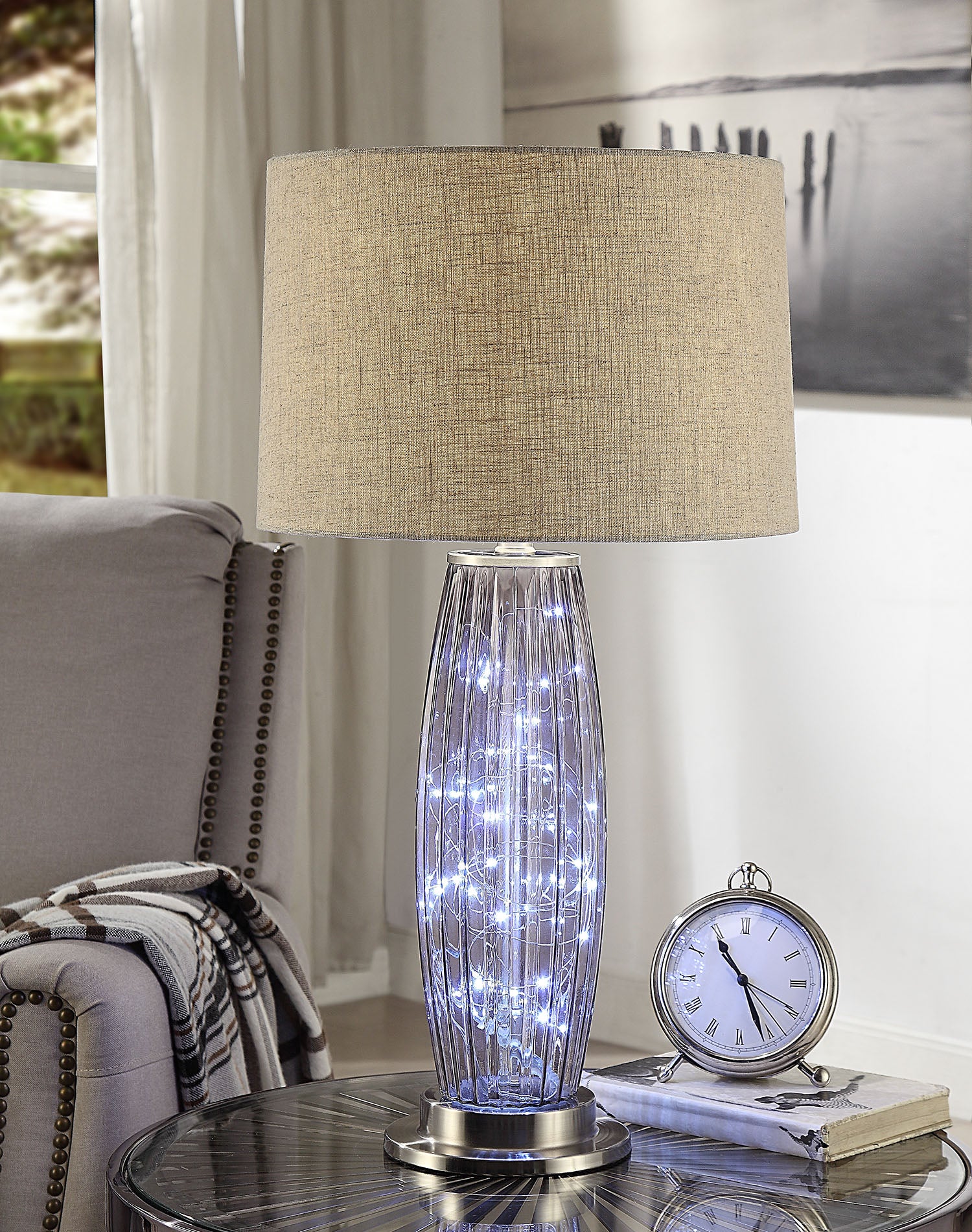 28" Nickel Metal Mason Jar Bedside LED Table Lamp With Natural Drum Shade-Table Lamps-DECOROLALA