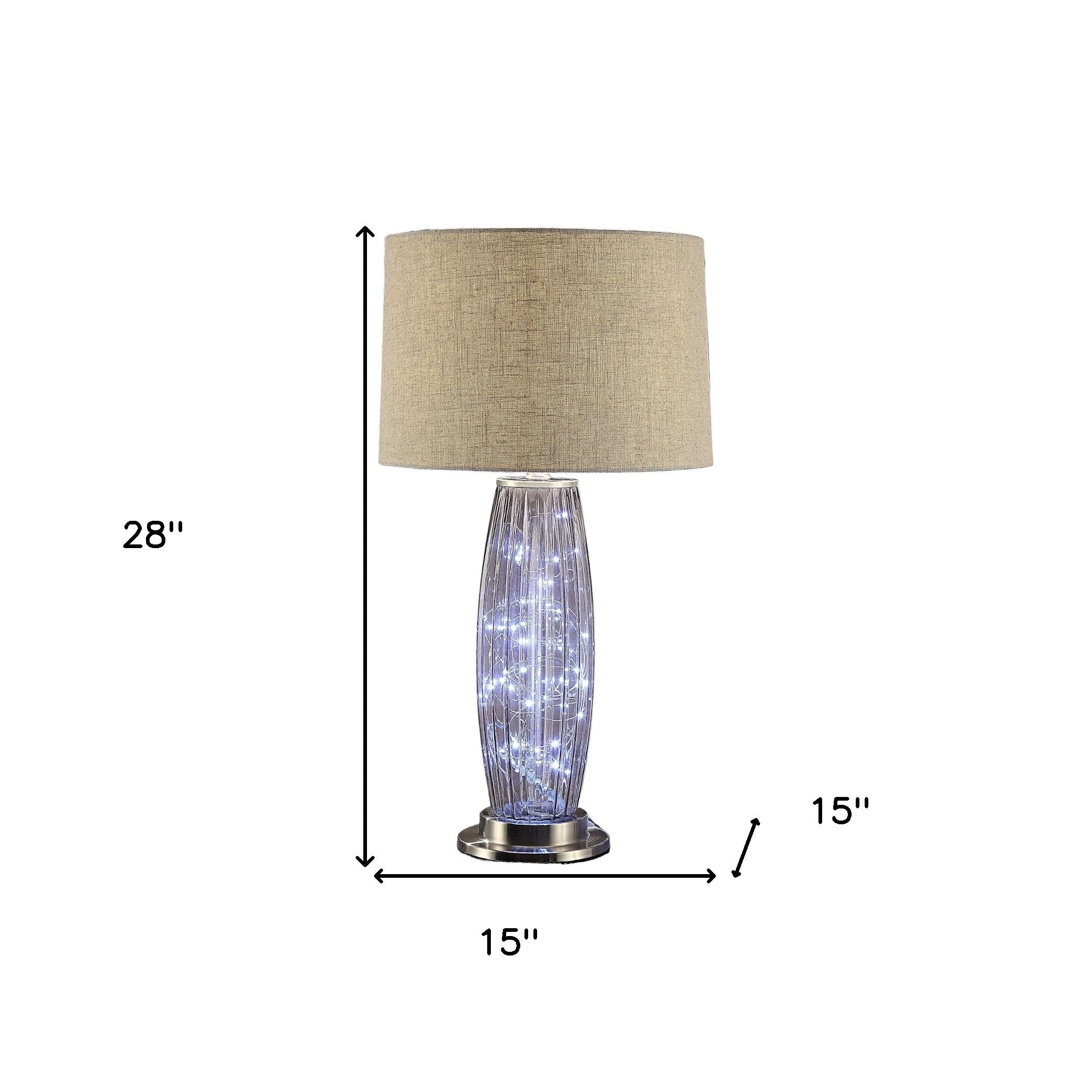 28" Nickel Metal Mason Jar Bedside LED Table Lamp With Natural Drum Shade-Table Lamps-DECOROLALA