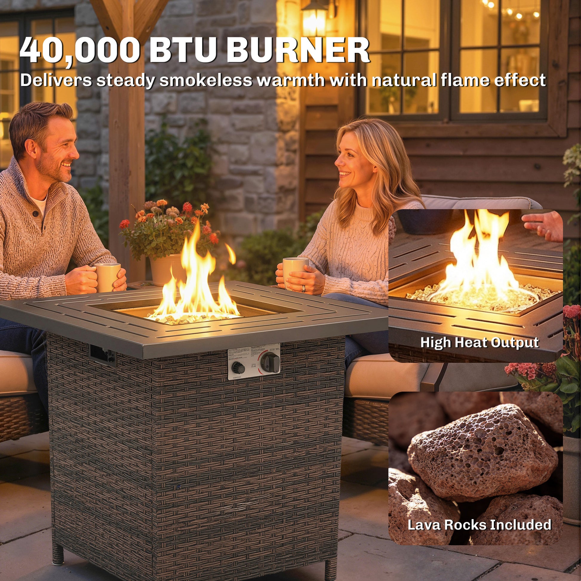28" Propane Fire Pit Table - 40,000 BTU Rattan Wicker Brown-Patio & Garden > Fire Pits-DECOROLALA