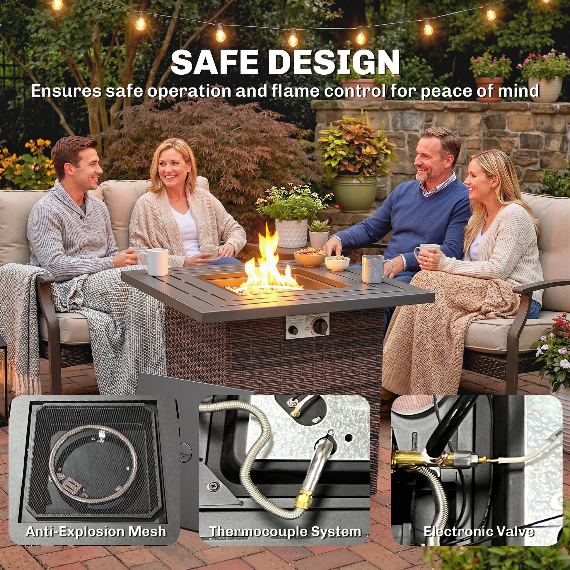 28" Propane Fire Pit Table - 40,000 BTU Rattan Wicker Brown-Patio & Garden > Fire Pits-DECOROLALA