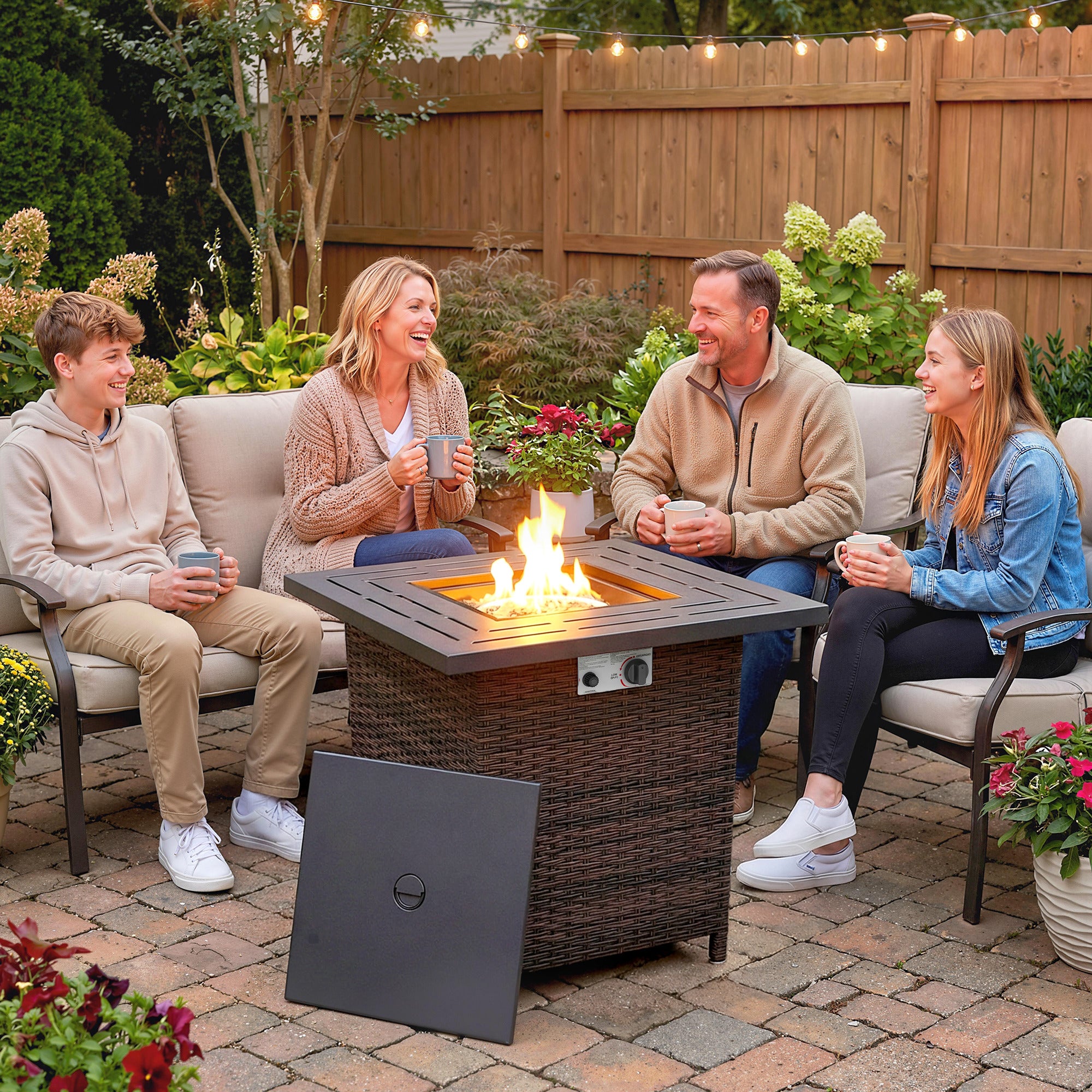 28" Propane Fire Pit Table - 40,000 BTU Rattan Wicker Brown-Patio & Garden > Fire Pits-DECOROLALA