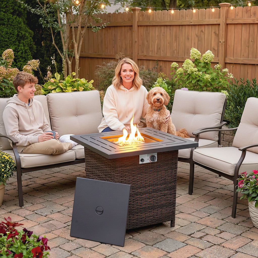 28" Propane Fire Pit Table - 40,000 BTU Rattan Wicker Brown-Patio & Garden > Fire Pits-DECOROLALA