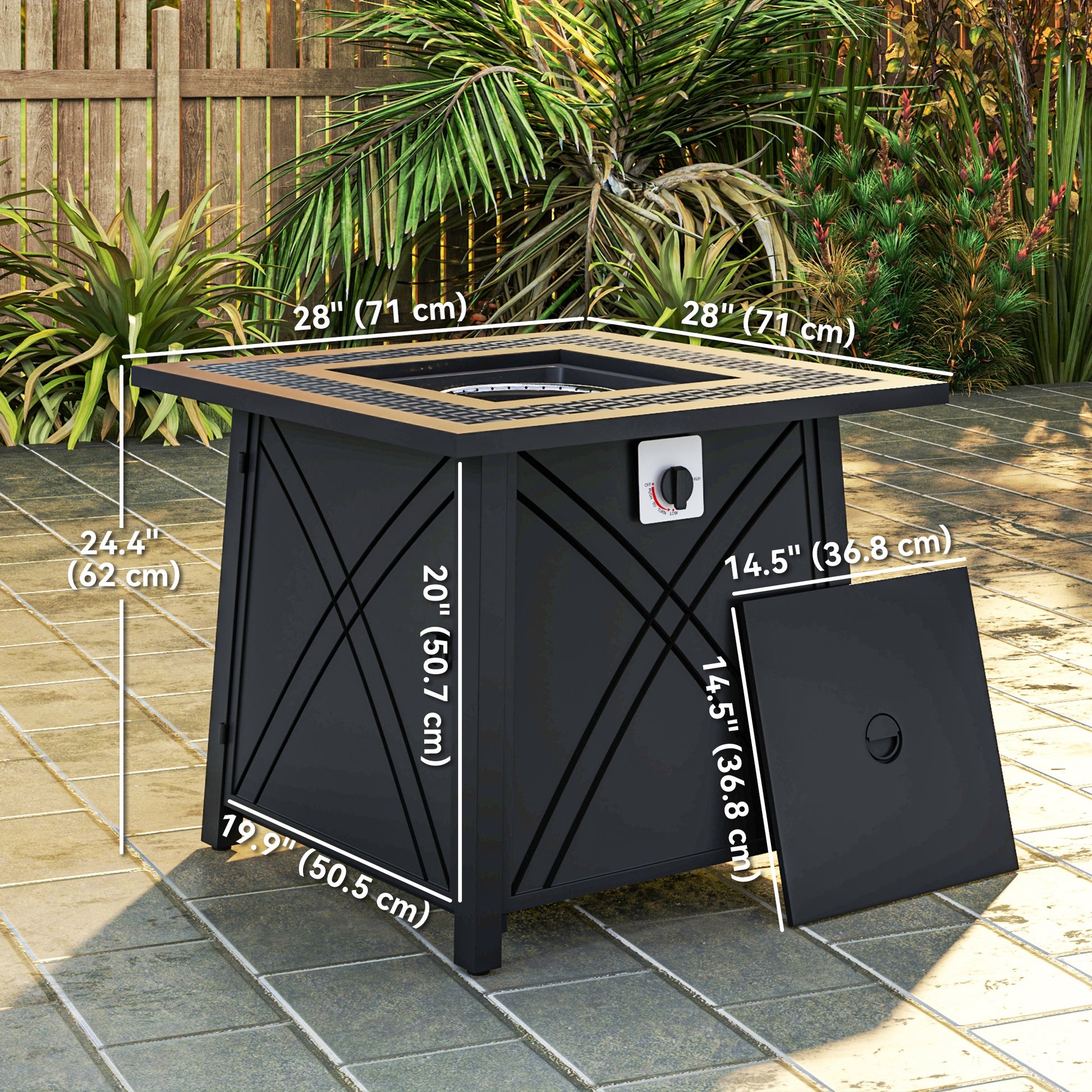 28" Propane Fire Pit Table - 40,000 BTU Square Black Steel-Patio & Garden > Fire Pits-DECOROLALA