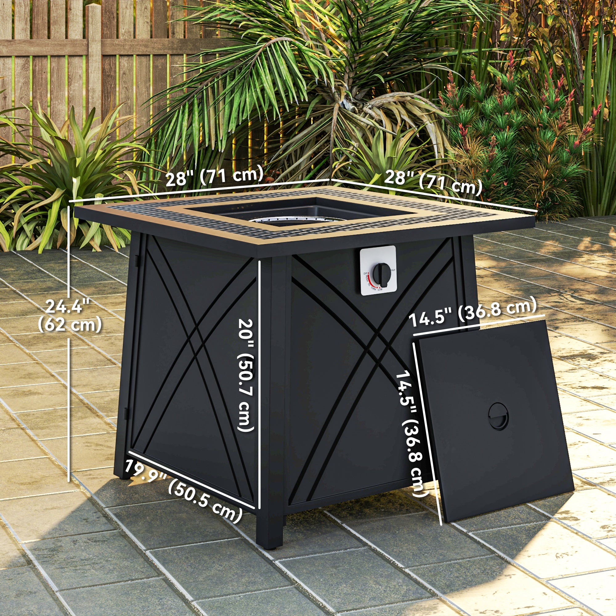 28" Propane Fire Pit Table - 40,000 BTU Square Black Steel-Patio & Garden > Fire Pits-DECOROLALA