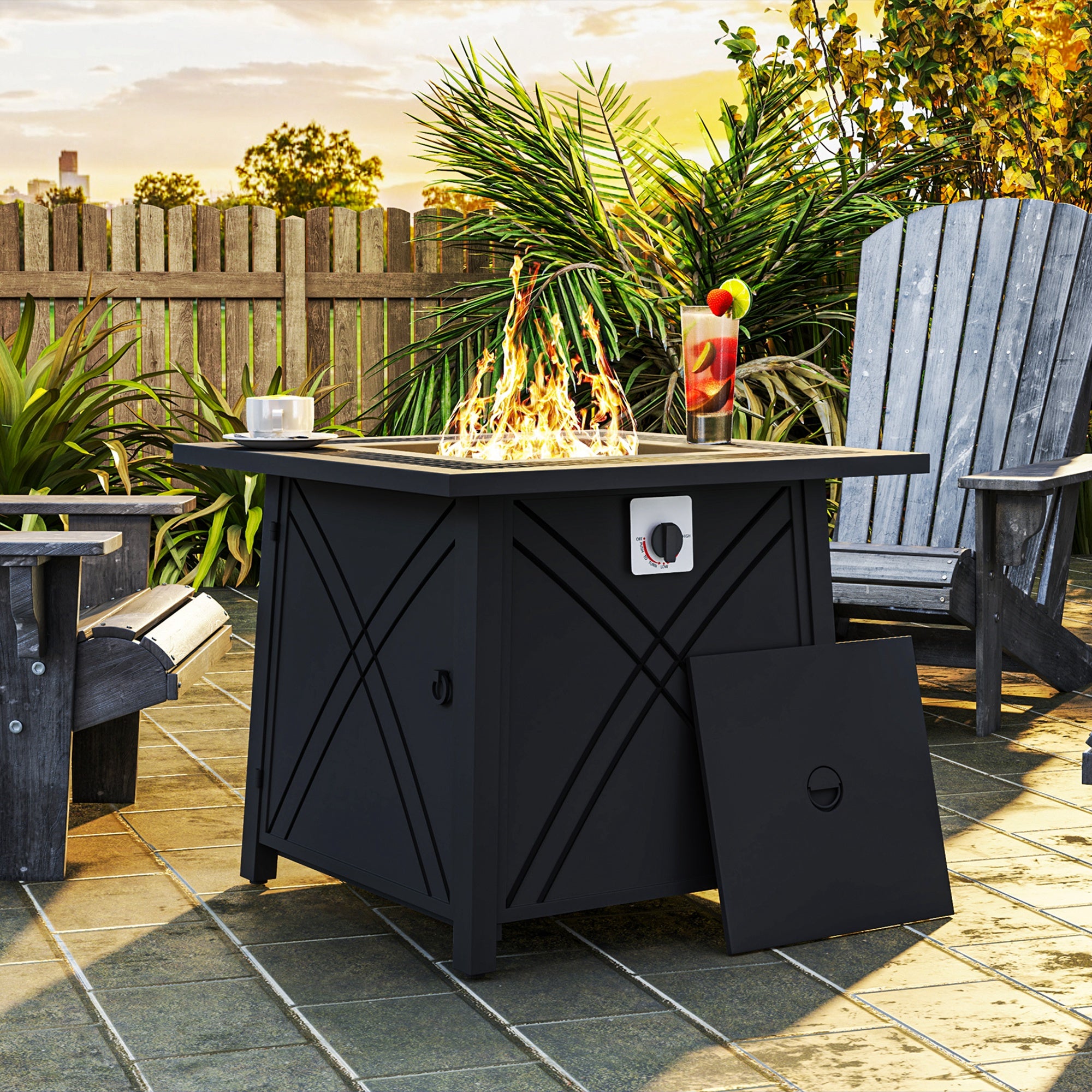 28" Propane Fire Pit Table - 40,000 BTU Square Black Steel-Patio & Garden > Fire Pits-DECOROLALA