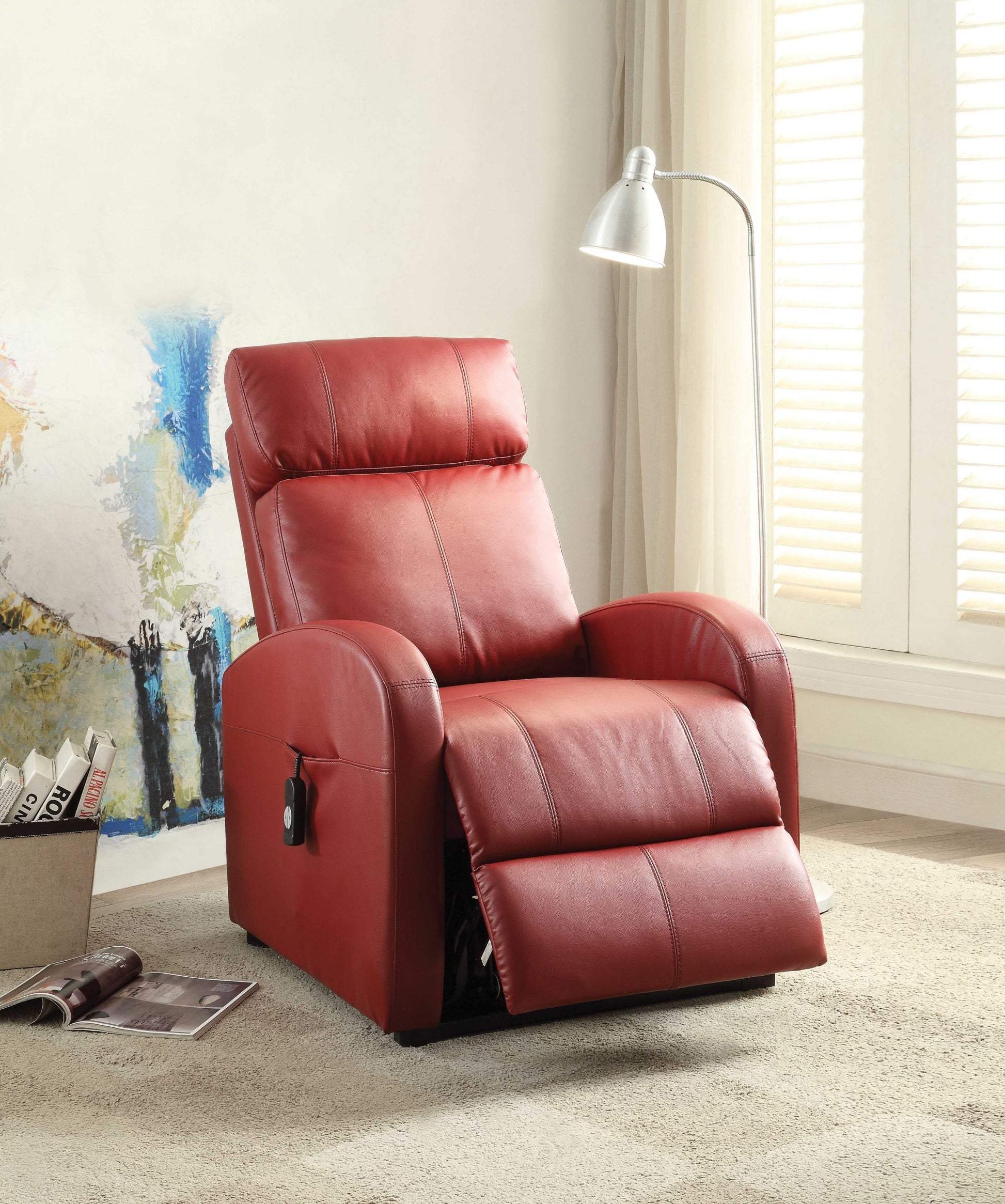 28" Red Tufted Faux Leather Power Lift Assist Recliner-Recliners-DECOROLALA