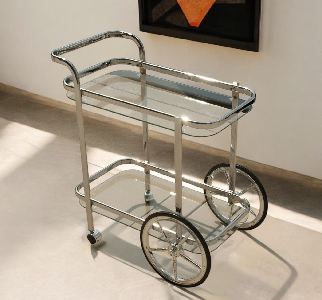 28" Silver Metal And Glass Rolling Trolley Bar Cart-Bar Carts and Servers-DECOROLALA