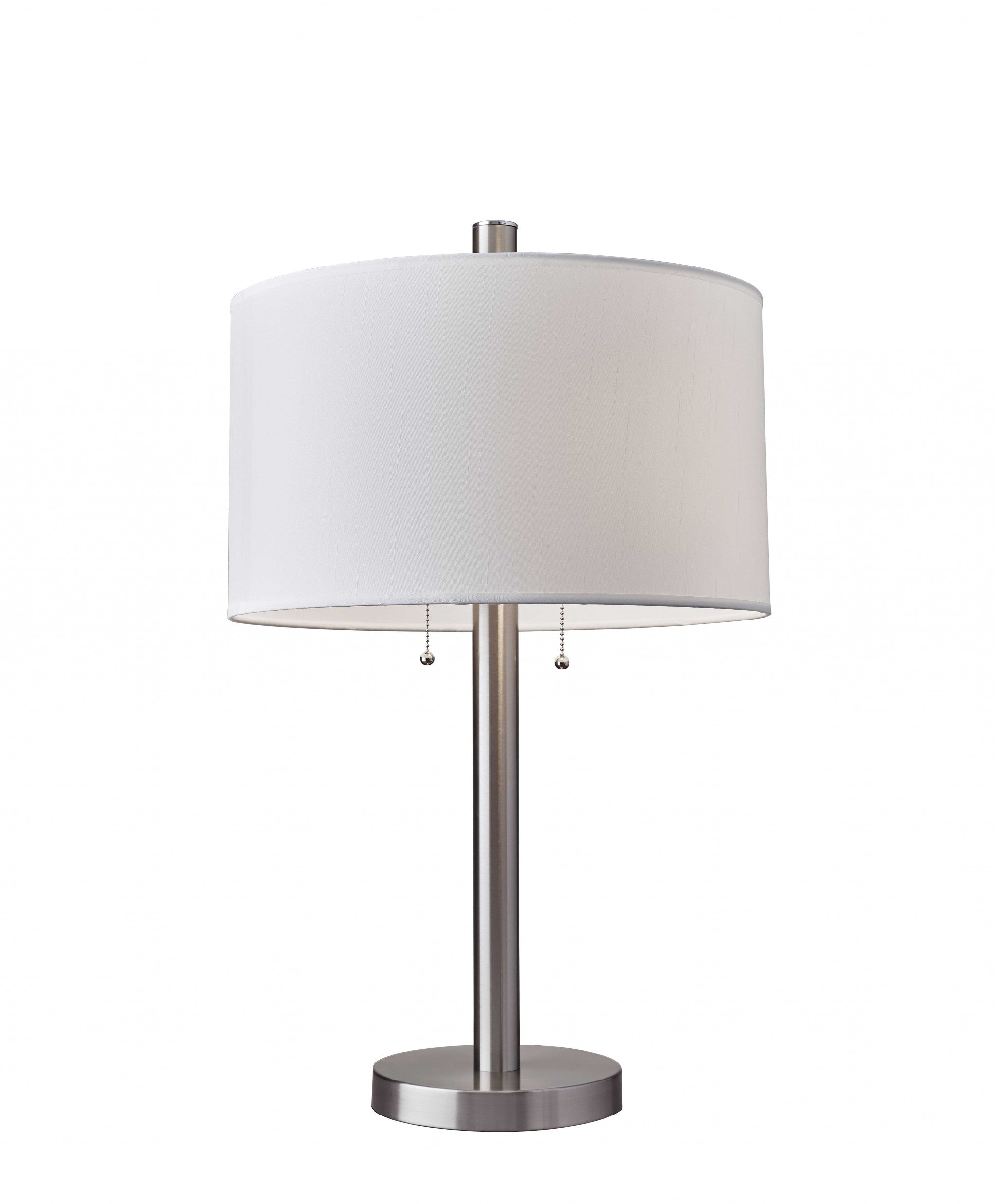 28" Silver Metal Two Light Bedside Table Lamp With White Drum Shade-Table Lamps-DECOROLALA