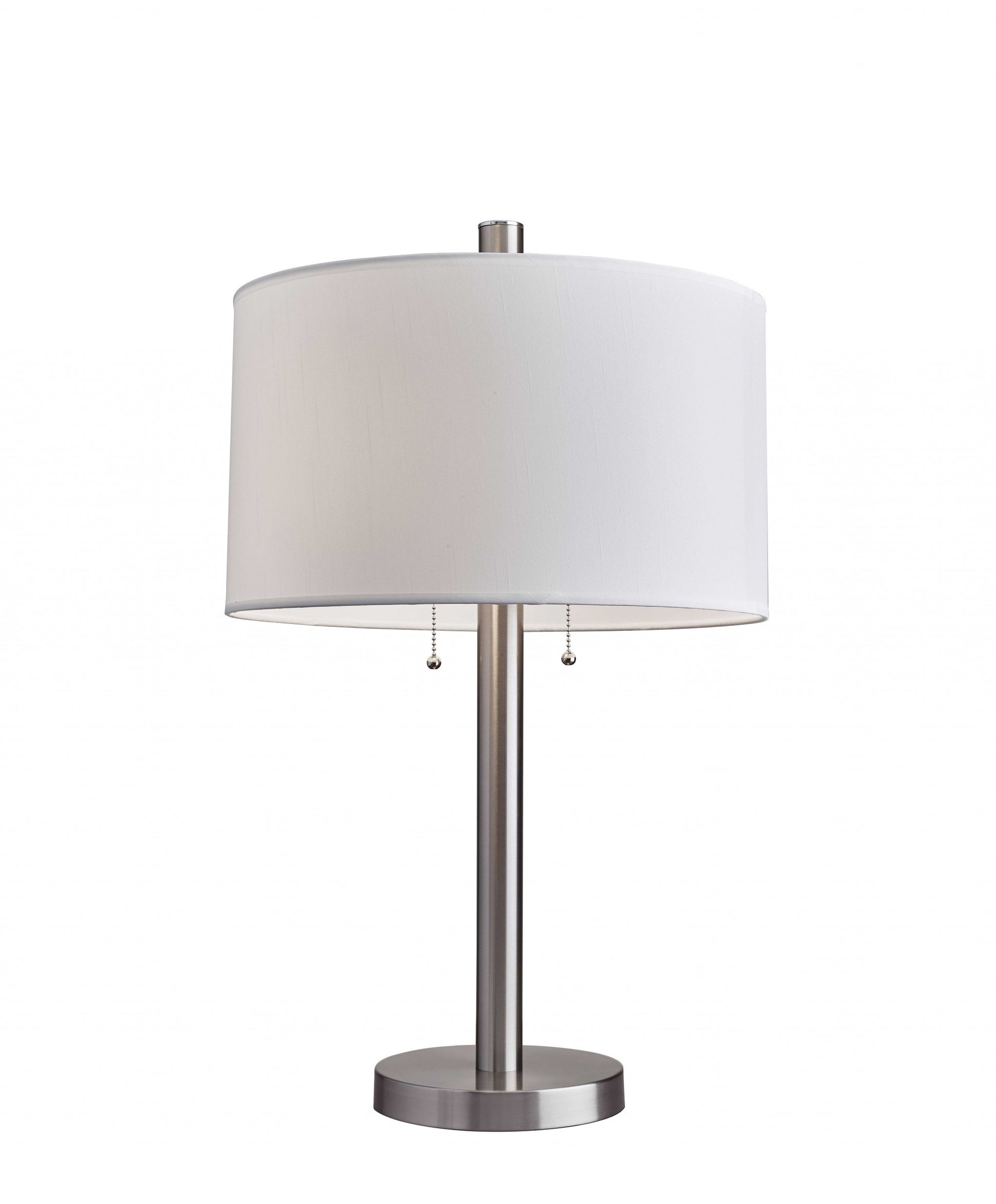 28" Silver Metal Two Light Bedside Table Lamp With White Drum Shade-Table Lamps-DECOROLALA