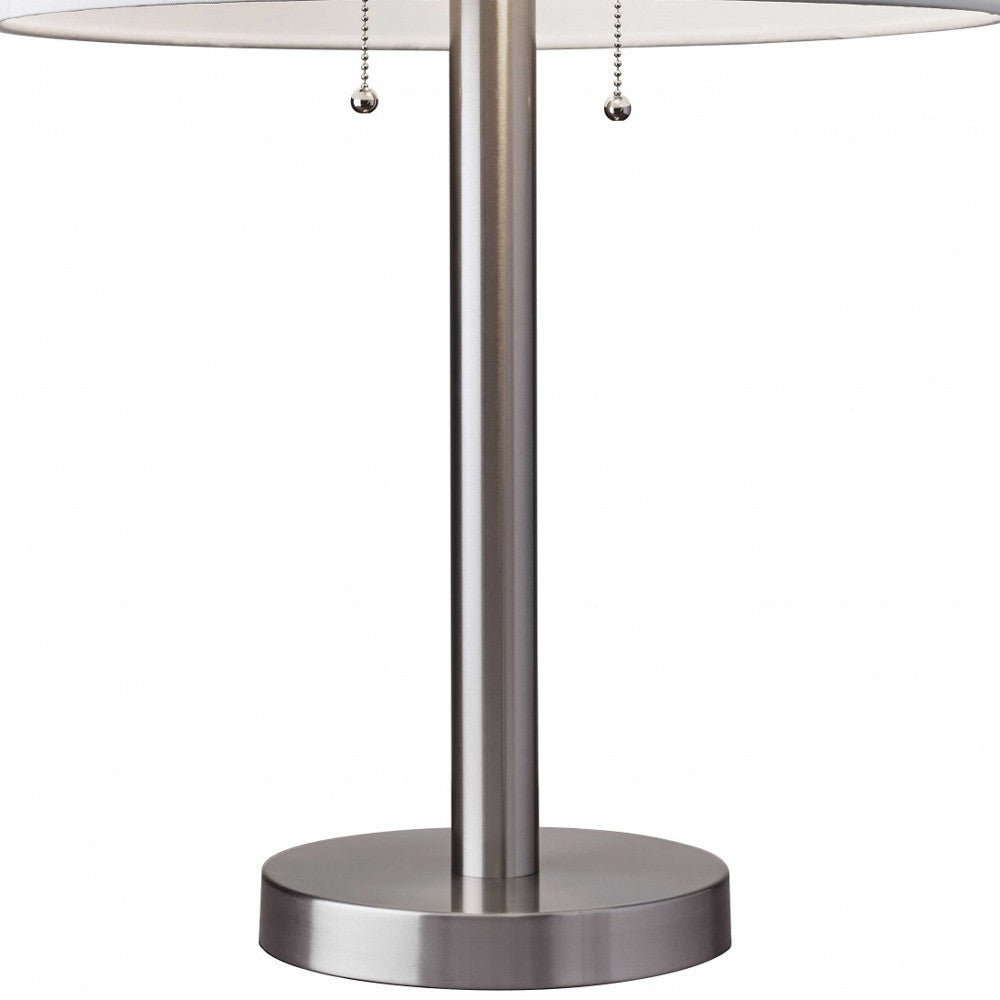 28" Silver Metal Two Light Bedside Table Lamp With White Drum Shade-Table Lamps-DECOROLALA