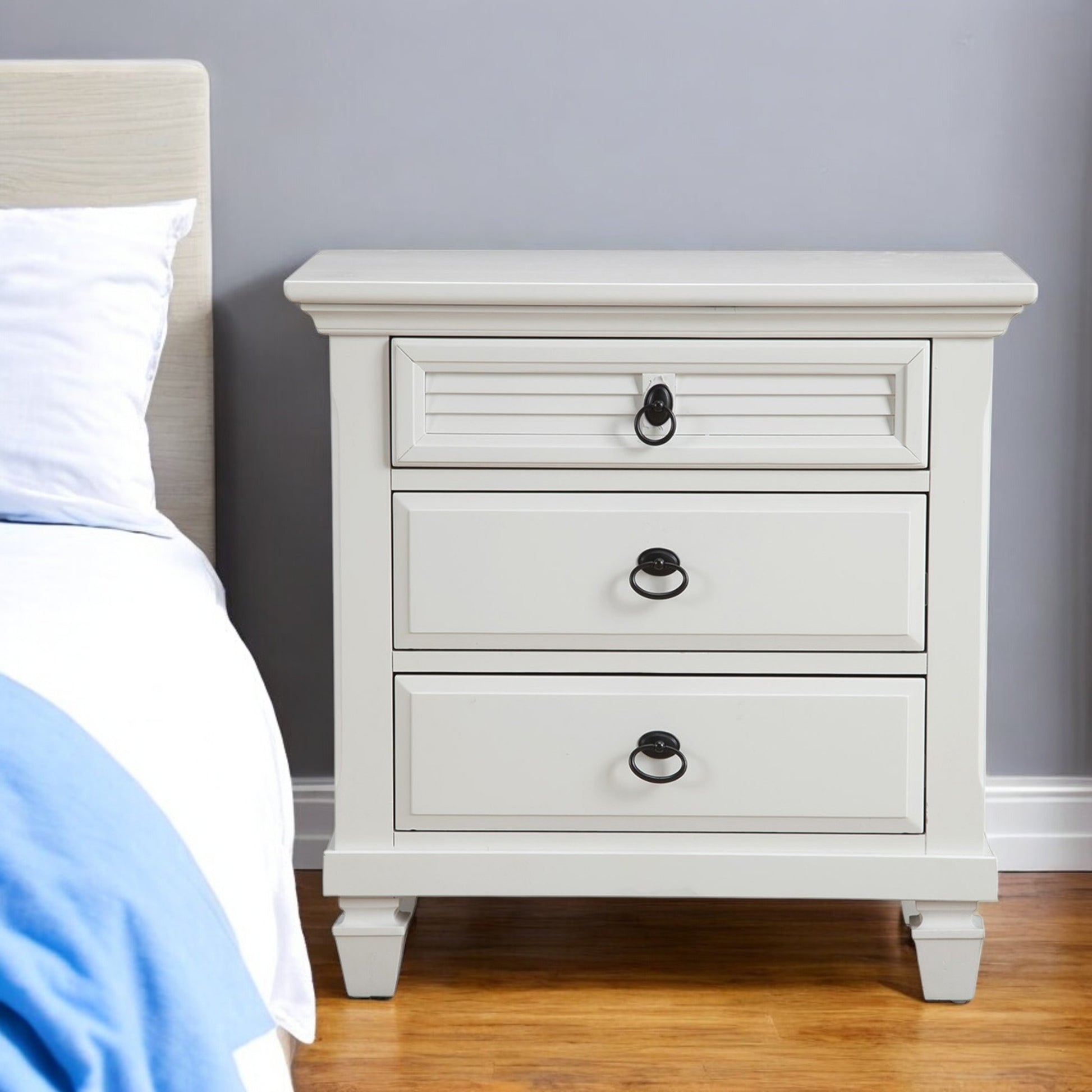 28" White Wood Three Drawer Nightstand-Nightstands & Bedside Tables-DECOROLALA