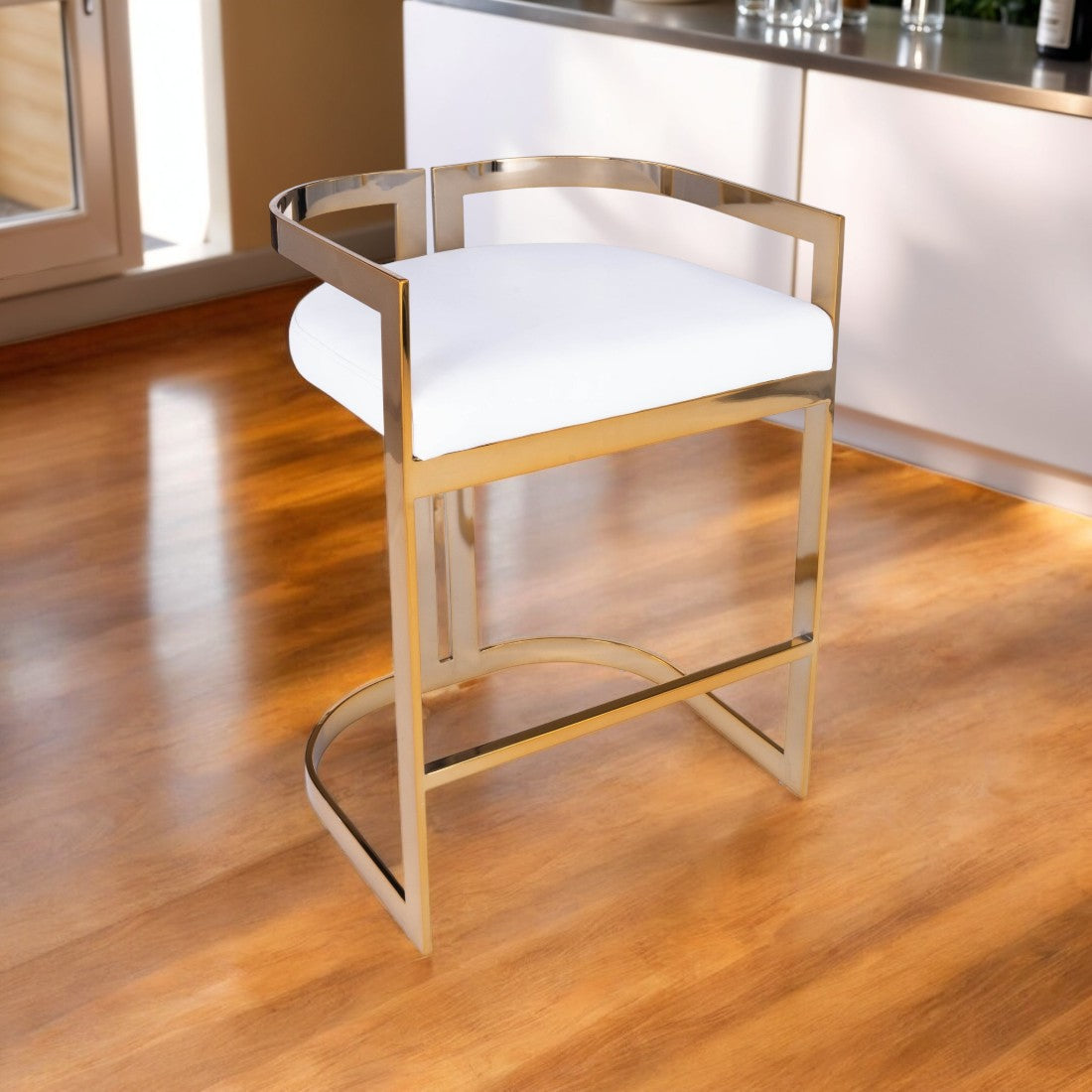 28" White and Gold Iron Low Back Counter Height Bar Chair-Bar Chairs-DECOROLALA