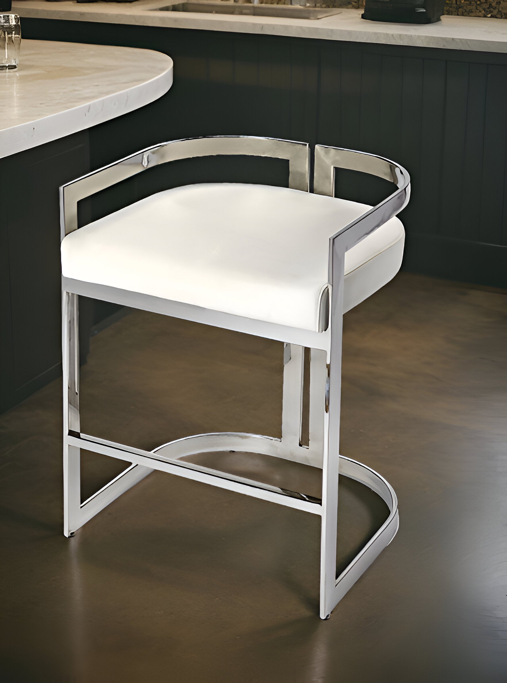 28" White and Silver Stainless Steel and Iron Low Back Counter Height Bar Chair-Bar Chairs-DECOROLALA